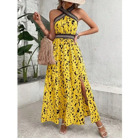 Allover Print Contrast Tape Split Thigh Maxi Dress Yellow - Picture 6 of 6